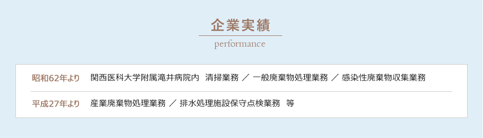 企業実績 昭和62年より 関西医科大学附属滝井病院内　清掃業務 ／ 一般廃棄物処理業務 ／ 感染性廃棄物収集業務 平成27年より 産業廃棄物処理業務 ／ 排水処理施設保守点検業務　等